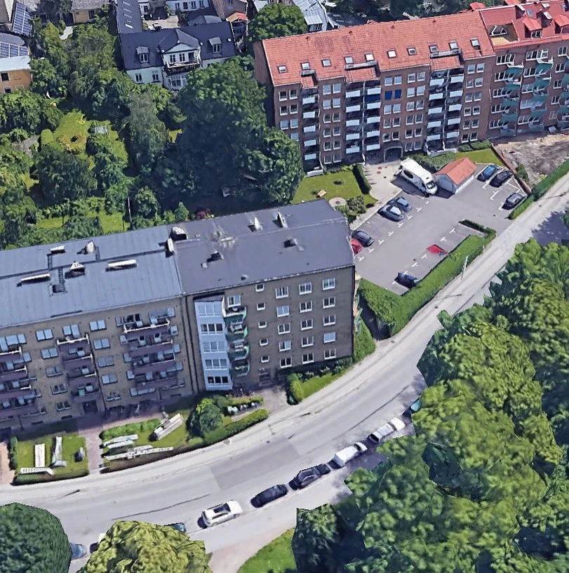 Fågelperspektiv bild på Brf Gyllenkrok i Lund där Pipe Relining Syd AB utfört Relining av spillvattenledningar